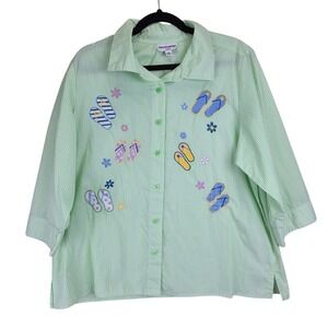 Breckenridge‎ Woman Short Sleeve Button Shirt 1X Cottagecore Stripes Embroidered